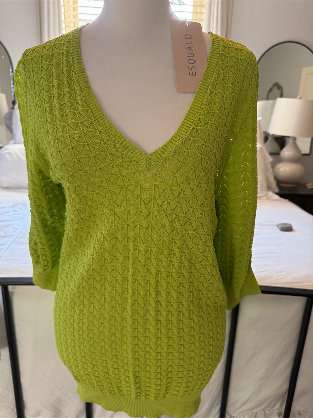 ESQUALO Lime Green Textured V-Neck Sweater